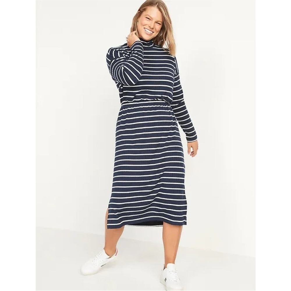 Old Navy Womens Striped Mock Neck Long Sleeve Rib Knit Midi Sweater Dress Sz 2X